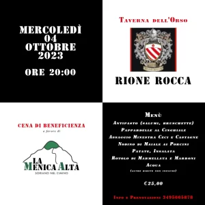 Scopri di più sull'articolo 04/10/2023 – Cena di Beneficenza presso Rione Rocca