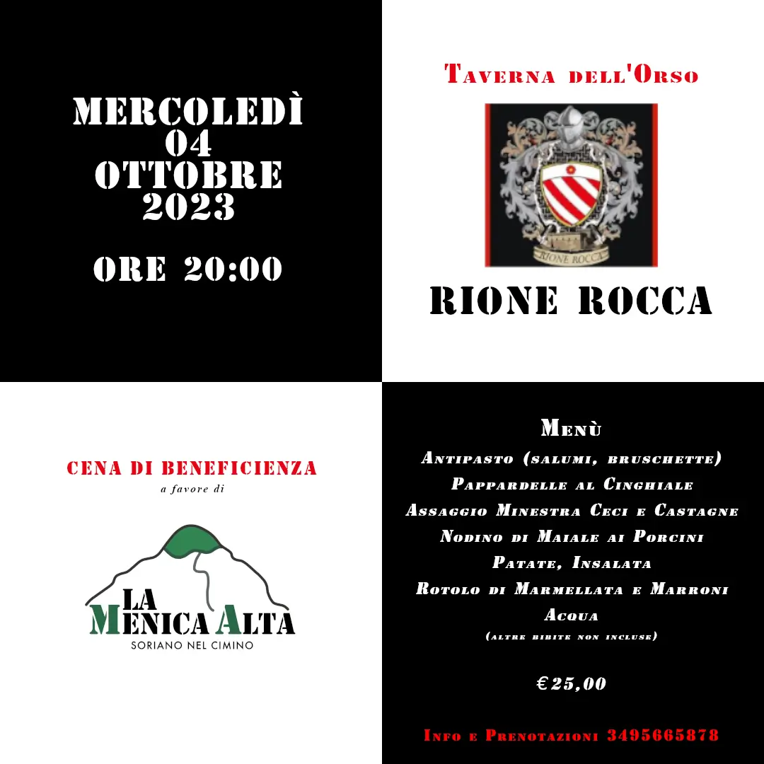 Scopri di più sull'articolo 04/10/2023 – Cena di Beneficenza presso Rione Rocca