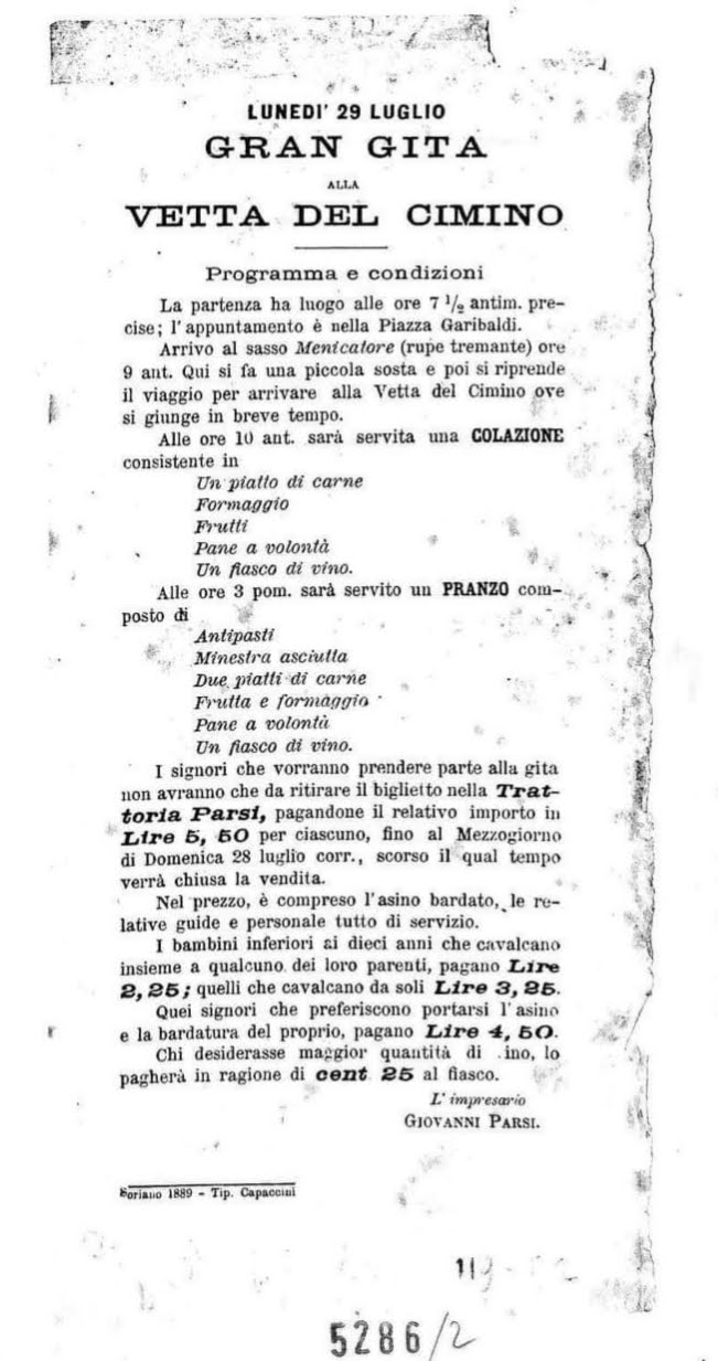 Volantino a stampa del 1889 che annuncia la Gran gita alla vetta del Cimino di lunedì 29 luglio